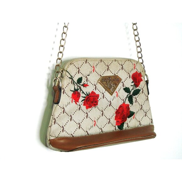 Baby Phat Embroidered Floral Roses Crossbody Bag Chain Strap Purse Canvas PVC